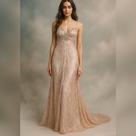 Vintage Y2k 90s Dave & Johnny Silk Prom Dress XS Fairy Beaded Gown Formal